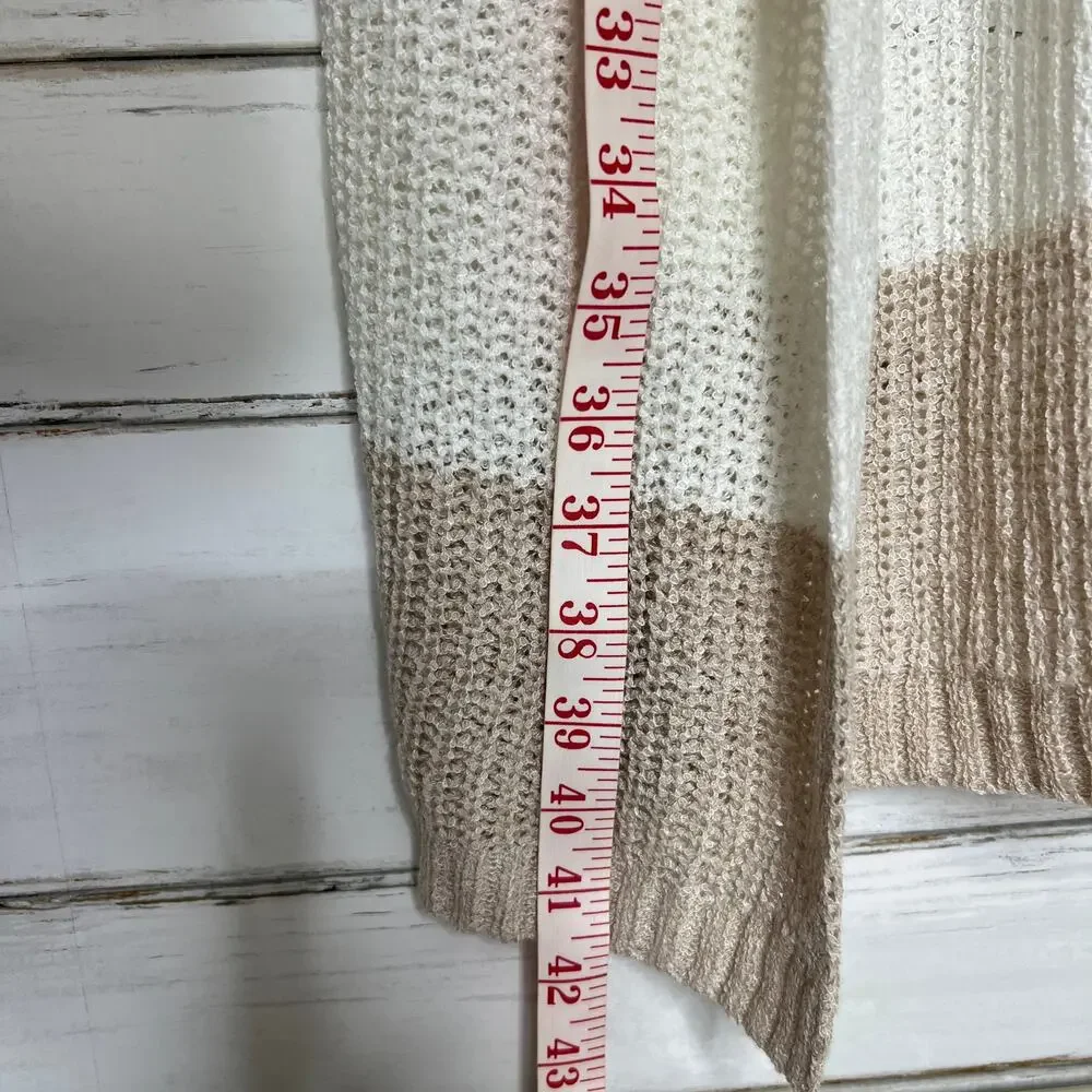 POL Tan Ivory Striped Long Knit Hooded Cardigan Sweater Open Front Size Small